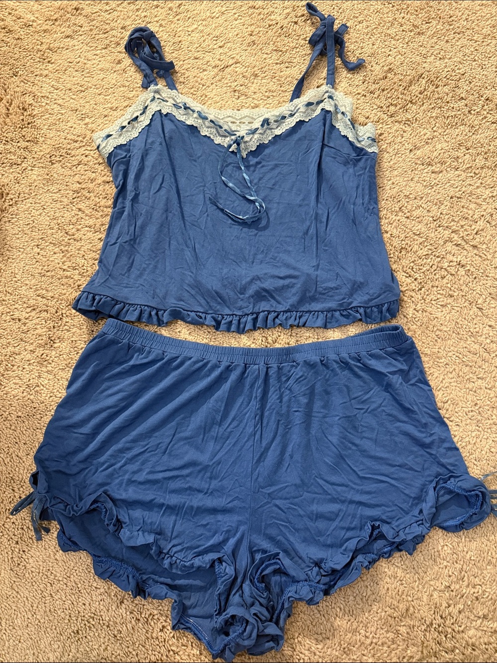 Adore Me Navy Blue Camisole with Light Blue Lace Trim and Shorts PJ Set